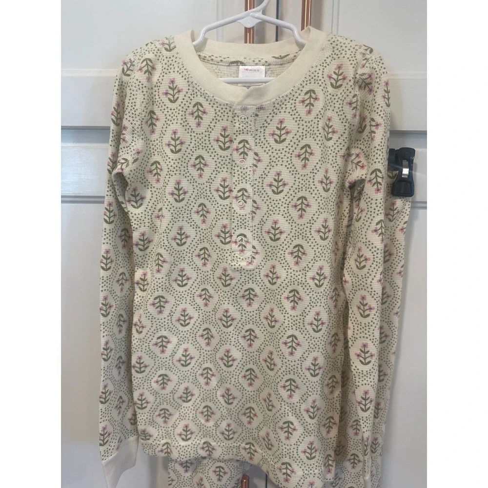 Hanna Andersson Girls Floral Waffle Knit Henley Pajama Set Organic Cotton Sz 10